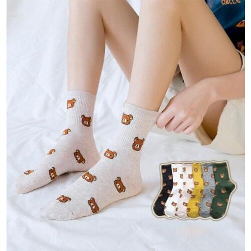 Japanese Bear Fashion Crew Socks Women Spring and Summer Funny Korean Style Cute Stocking Female Solid Color Kawaii Happy Socks