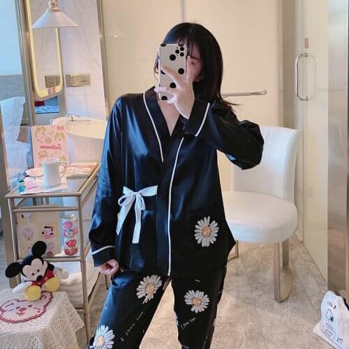 2021 Spring Summer New Kimono Pajamas Womens Ice Silk Long Sleeve Nightwear Japanese Lace Uphome Suit Sleepwear Nightgown