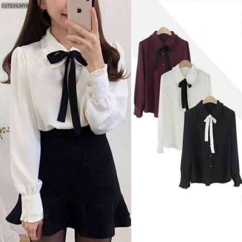 2020 Autumn Solid Basic Shirts Blouses Preppy Style Girls Bow Tie Tops Cute Sweet Korean Temperament Lady Peter Pan Collar Shirt