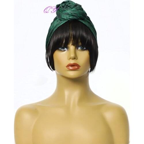QY Turban Caps Wig For Women New Style Wig Ombre Green Turban Linked Straight Bangs Synthetic Wig For Women Daily Use