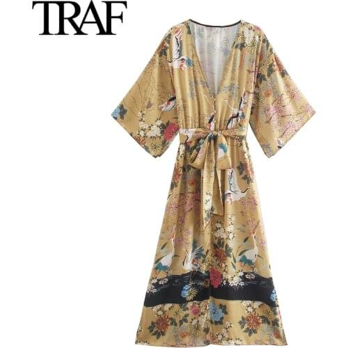 Traf Za Women Clothing Vintage Printed Kimono Dress Summer Bow Bandage Satin Midi Long Dress Female Robe Vestidos Mujer