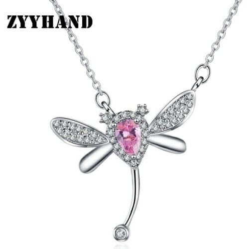 Platinum-Plated Clean Stone DragonFly Necklace Women Pink AAA Zircon Cross Chain Animal Wedding Party Pendant Neck Jewelry