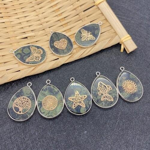 Natural Stone Pendant Drop-shaped Birds Eye Graphite Green Metal Edging Tree of Life Bee Pattern DIY Necklace Bracelet Jewelry