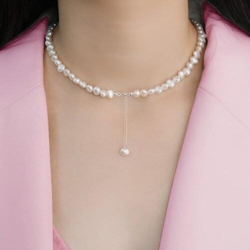 Simple 6-7mm Real Freshwater Pearl Choker Necklace Baroque pearl Jewelry for Women Wedding 925 Silver Wholesale Jewelry Gift