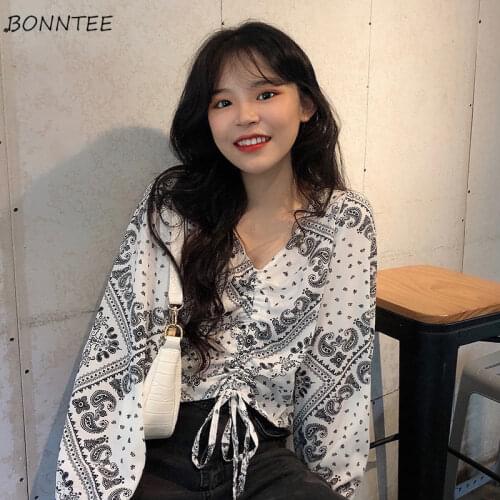 Shirts Women Short Print V-Neck Long Sleeve Fashionable Vintage Autumn Minority Temperament Stylish Feminino Blouses Leisure Ins