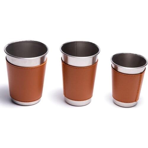 Camping Beer Vodka Cup Polished Stainless Steel 300ml 400ml 500ml PU Holster Juice Drink Mug Portable Outdoor Travel Supplies