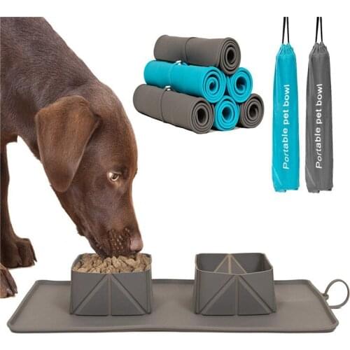Pet Folding Double Bowl Pet Supplies Cat Velvet Bag Dog Silicone Bowl Easy To Carry Pet Feeder Bowl Cat Bowl Pet Products