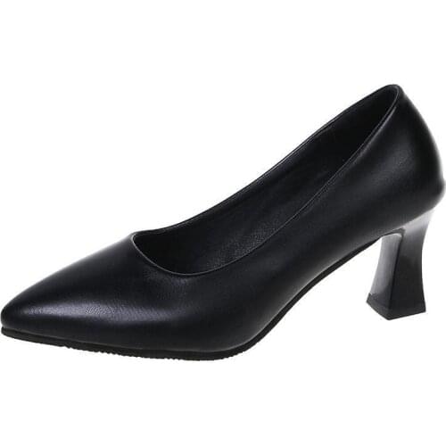 Plus Size 35-44 Women Leather Mid Heel Pumps 2021 New High Quality Shoes Classic Black High Heels Shoes for Office Ladies Shoes