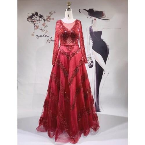 Dubai Red Long Sleeves Crystal Beaded Sequin Evening Dresses A-Line Floor Length Formal Gowns HO1055
