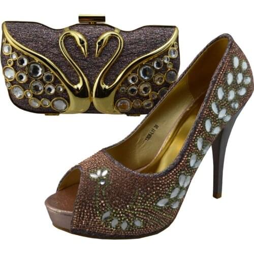 Top class lady High heel 12cm PU leather African shoes with handbag sets with stones for party dress 1308-L11 gray peach