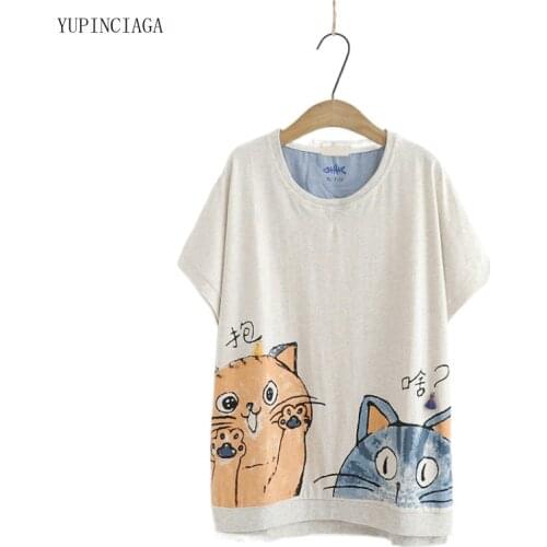Women Harajuku Print T Shirt Japan Style Original Cat Design Cotton Short Sleeved 2021 New Loose Half Sleeved Tops Tees 2117416
