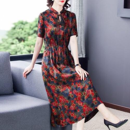 Summer Floral Mulberry Silk Satin Midi Dress 2021 Women Elegant 4XL Plus Size Loose Dress Vintage Bodycon Print Party Vestidos