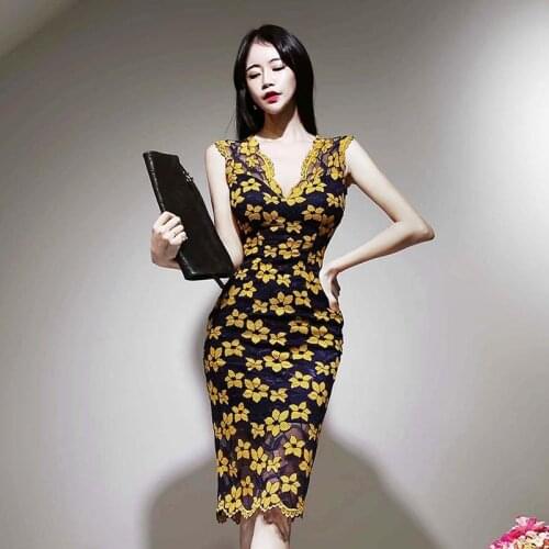 High Quality Sleeveless Print Flowers Sheath Slim Office OL Dress 2020 Summer Women Sexy V Neck Tank Bodycon Pencil Dress