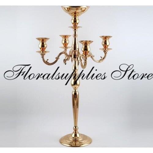 Gold/silver metal 90CM height candelabra, 5-arms candle holder, wedding candle stick with flower bowl