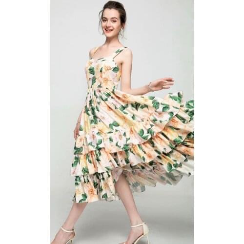 2021 spring and summer new womens floral mid-length suspender dress beach holiday evening dress yellow print boho cake dress