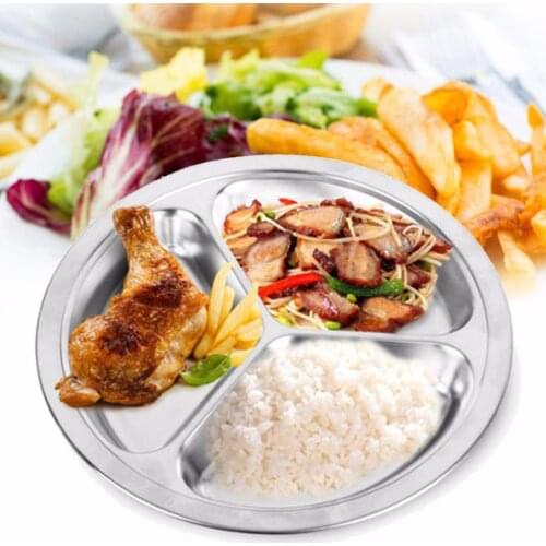 1pc 22/24/26cm Dia 3 Sections Round Divided Dish Snack Dinner Plate Stainless Steel