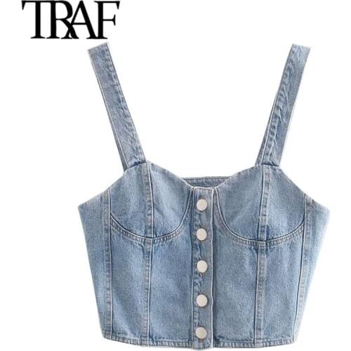 TRAF Women Sexy Fashion Button-up Denim Blouses Vintage Backless Straps Female Shirts Blusas Chic Tops