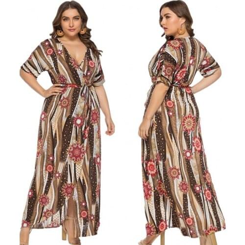 Boho Sundress Lace Up V-neck Printed Split Plus Size Dress Beach Holiday Long Dress Women Elegant Party Robe Summer XL- 6XL Gown