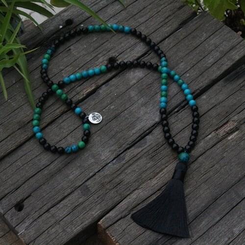 8mm Mala Beads, Black Onyx, Chrysocolla, JapaMala, Spiritual Jewelry, Prayer Meditation, OM, 108 Mala Beads, Yoga Gifts For Her