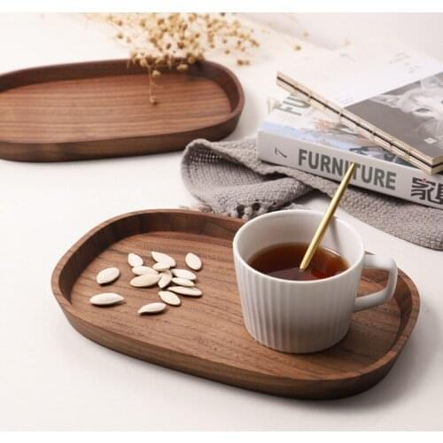 Black Walnut Solid Wood Oval Food Dishes Cake Dessert Coffee Tea Cups Teapot Tray Ebony Breakfast Dinner Natural Wooden Plates