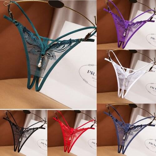 Women Lace Open Crotch Panties Sexy Bandage Pearl pendant Crotchless Briefs Thong Female Lingerie for Sex Transparent Underwear