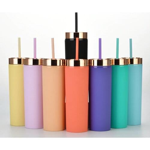 16oz double-layer plastic straw cup, straight cup with electroplating lid, cold drink cup, champagne gold water cup, travel cup