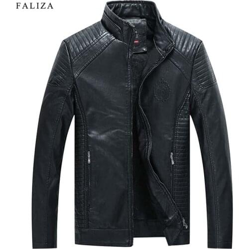 FALIZA New Winter Men PU Leather Jacket Motorcycle Leather Jacket Male Fleece Thick Warm Casual Leather Coat Brand ClothingJK130