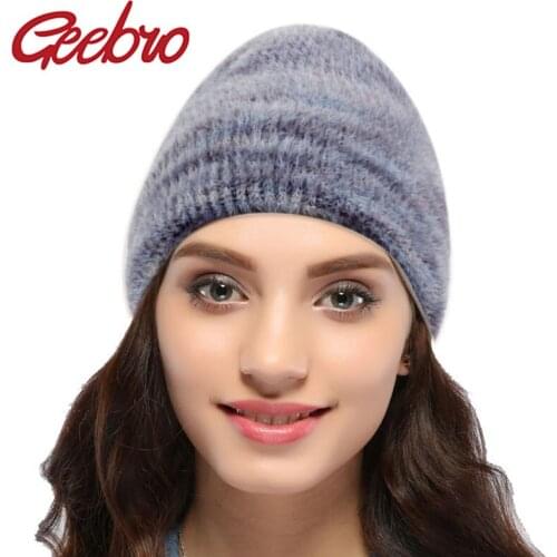 Geebro Fashion Women Knitted Stripe Design Warm Fluff Beanie Girl Solid Color Bonnet Beanies Soft Hats Womens Winter Warm Caps