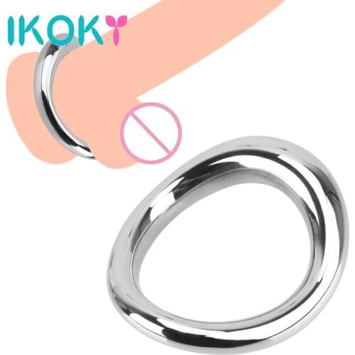 IKOKY Metal Scrotum Stretcher Delay Ejaculation Stainless Steel Cock Ring Erotic Penis Bondage Lock Sex Toys for Men