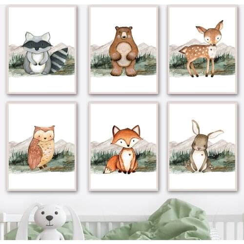 Raccoon Bunny Fox Owl Grass Mountain Boy Baby Wall Art Canvas Painting Nordic Posters And Prints Wall Pictures Kids Room Decor