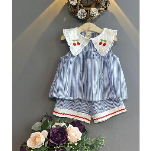 Girls Outfits Cute Sleeveless Cherry Embroidered Lapel Cotton Soft Hollow Striped Top & Shorts Two-piece Suit Girl Clothes