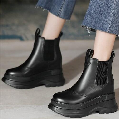 Fashion Sneakers Women Genuine Leather Wedges High Heel Ankle Boots Female High Top Round Toe Chunky Platform Pumps Casual Shoes
