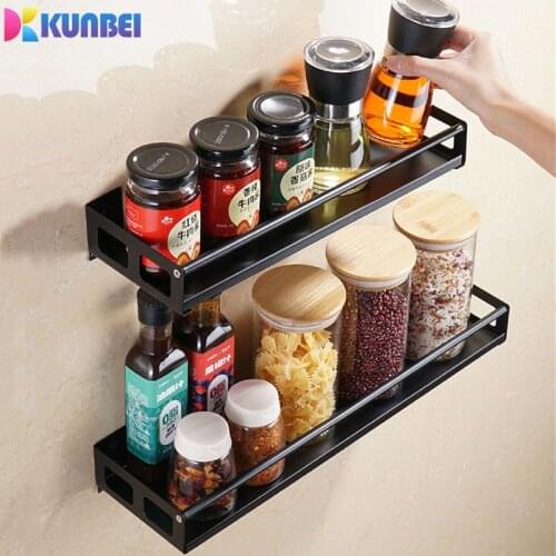 KUNBEI Kitchen Organizer Pucn-free Wall Mount Storage Rack Spice Jar Rack Cabinet Shelf Metal Kitchen Bathroom Organizer