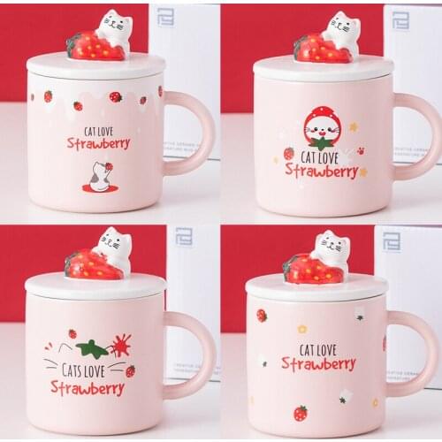 Lovely strawberry Cup Ins Coffee Mug Creative Water Milk Breakfast Cups Cartoon Cat Ceramic Mugs With Lid Spoon Gift