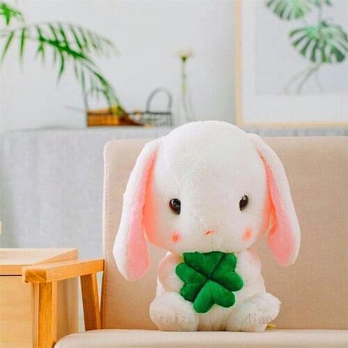 22CM Soft and Cute White Rabbit Holding A Green Four Leaf Clover Plush Doll Toy