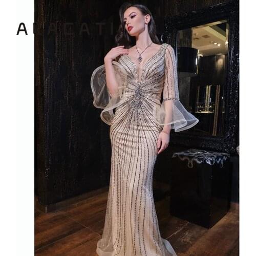2019 new high-end evening dress female sense V-neck flared sleeves sleeves sleeves party host performance wedding evening dress