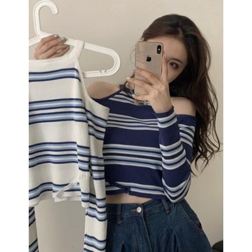 0126 Autumn Sexy Women’s Halter Sweater Off Shoulder Long Sleeves Blue Stripe Slim Fit Basic Knitted Tops Female Chic Pullovers