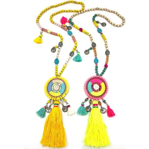 New Bohemian Boho Ethnic cotton Tassel Necklace Colorful Wood Bead Handmade Nature shell Long pendant Necklace for Women