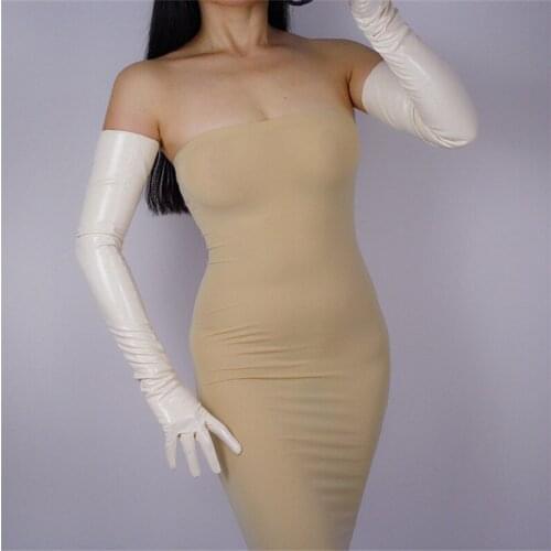 Woman Gloves Bright Leather Patent Leather PU Gloves Female Dance Party Simulation Leather Beige PU Gloves Cosplay P1370-12