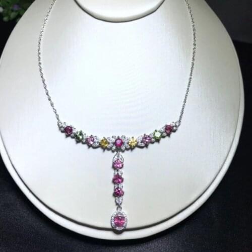 Naturel Multicolore tourmaline Collier pierre naturelle Pendentif Collier S925 argent la mode coeur femmes de Bijoux de mariage
