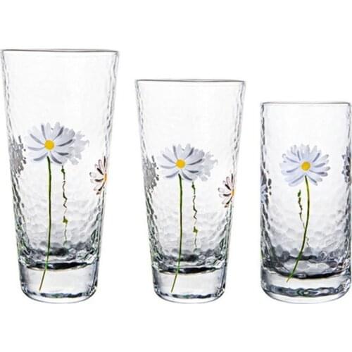 295-460ml Japanese Style Heat-resistant Beer Coffee Mug Small Chrysan themum Hammer Pattern Glass Cup Kitchen Accessories