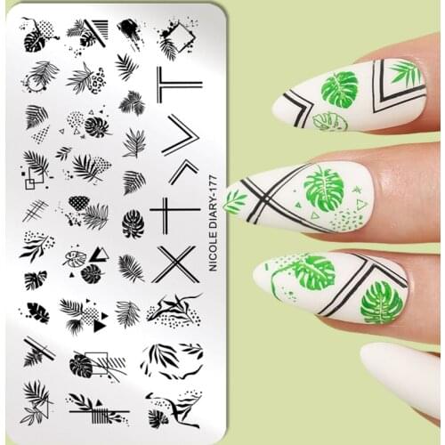 NICOLE DIARY Spring Green Leaf Nail Stamping Plates Abstract Geometric Lines Flowers Stamp Templates DIY Nail Art Stencil Tools