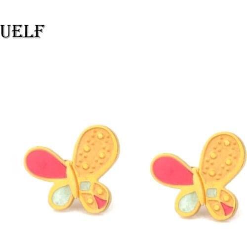 Uelf Cute Small Stainless Butterfly pink CZ Stud Earrings For Women Children Girls Kids Jewellery Orecchini Aros Aretes