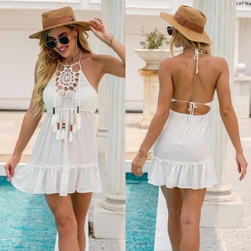 Crochet Hollow out White Knitted Beach Cover up dress Tunic Long Pareos Bikinis Cover ups Swim Cover up Robe Plage Beachwear