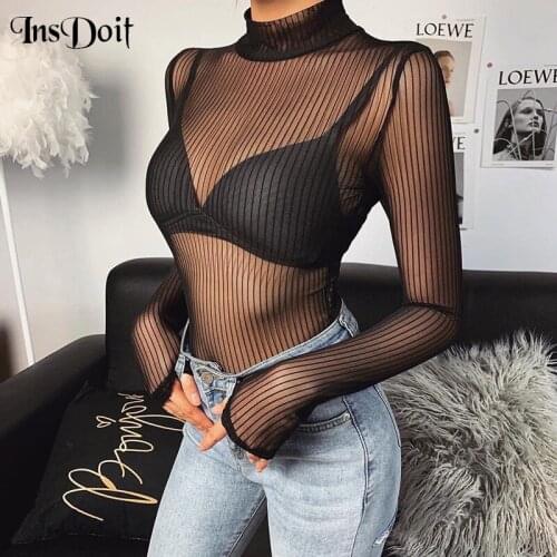InsDoit Goth Vintage Through Bodysuit Streetwear Sexy Hollow Out Long Sleeve Bodysuit Women Slim Bodycon Aesthetic Rompers 2021
