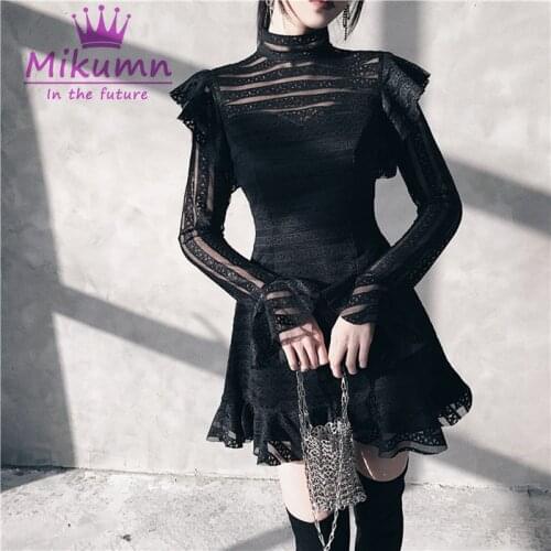 Gothic Lace Sexy Black Dress Women Turtleneck Long Sleeve Transparent Mesh Bodycon Mini Dress Female Fashion Party Dresses