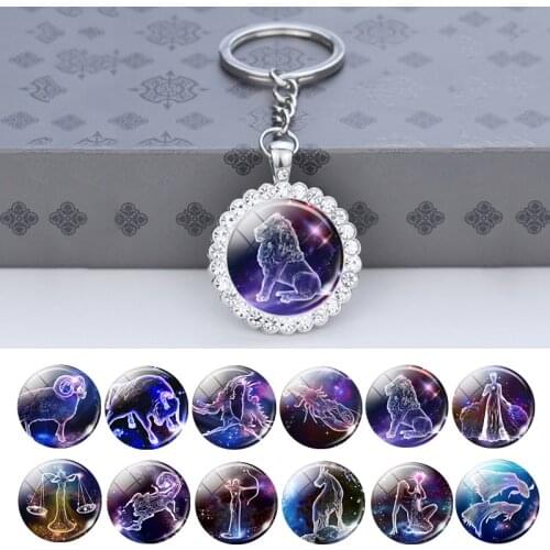 12 Constellation Glass Rhinestone Keychain Zodiac Pendant Keychain Silver Plated Key Chain Holder Men Women Birthday Gift