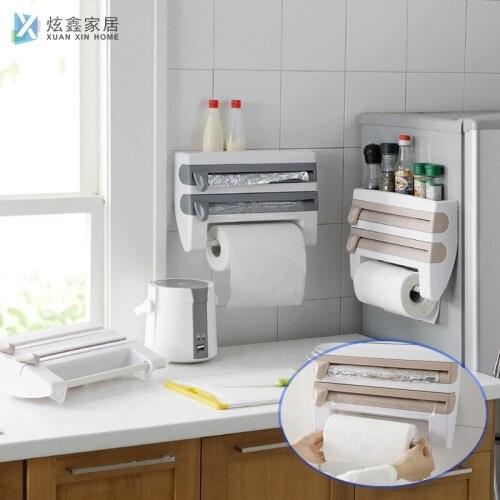 4 in 1 Paper Towel Rack Kitchen Storage Holder Mutifunction Cling Film Tin Foil Box Sauce Bottle Hanger Wall Mounted Organizer