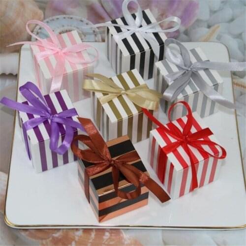50Pcs/Lot Candy Box Striped Boxes Wedding Birthday Party Candy Box With Ribbon Packaging Christmas Gifts Favor Chocolate Food