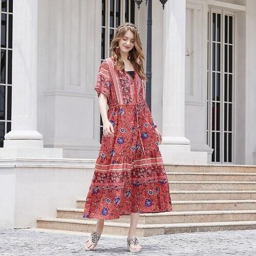 931 Vintage Boho Casual Maxi Dress Sets Woman Summer Plus Size Short Sleeve Elastic Waist European Clothing Girls Floral Dress